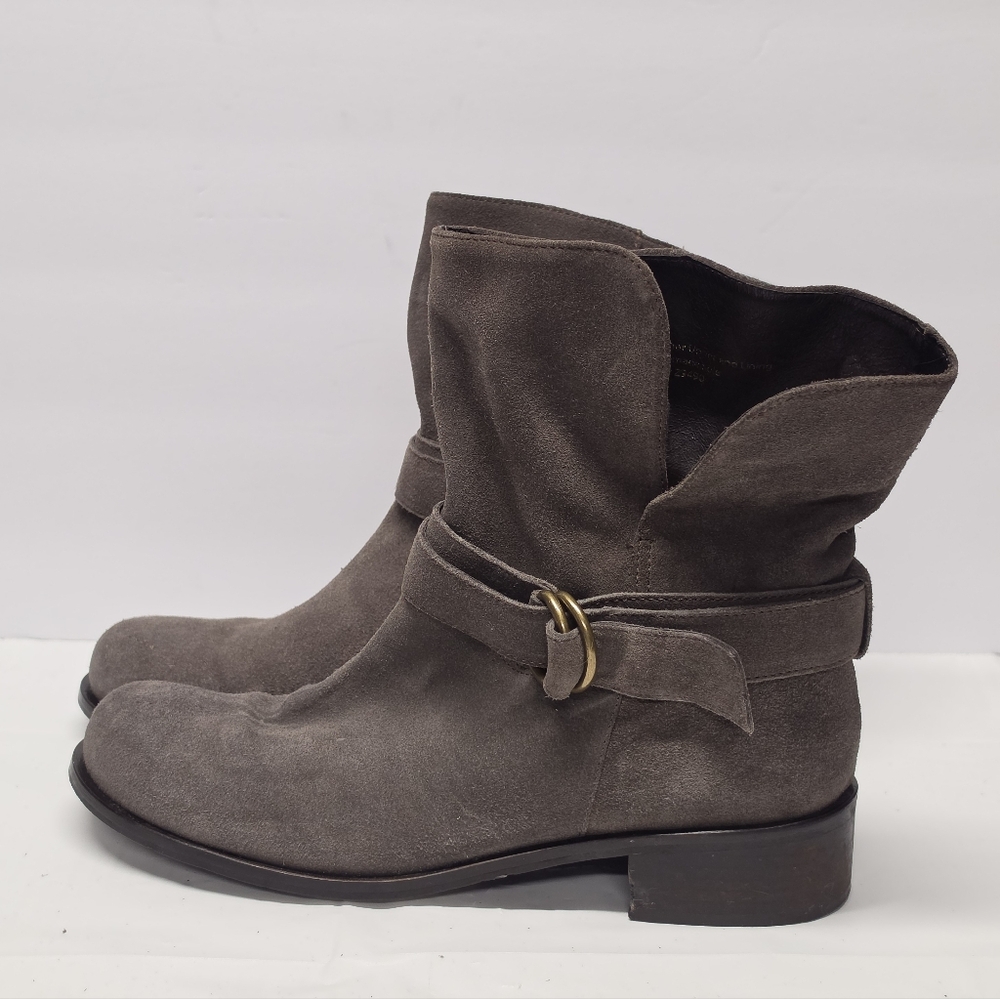 Garnet Hill Gray Grey Suede Boots Women's 10 Wrapped Stripe Buckle Moto Biker